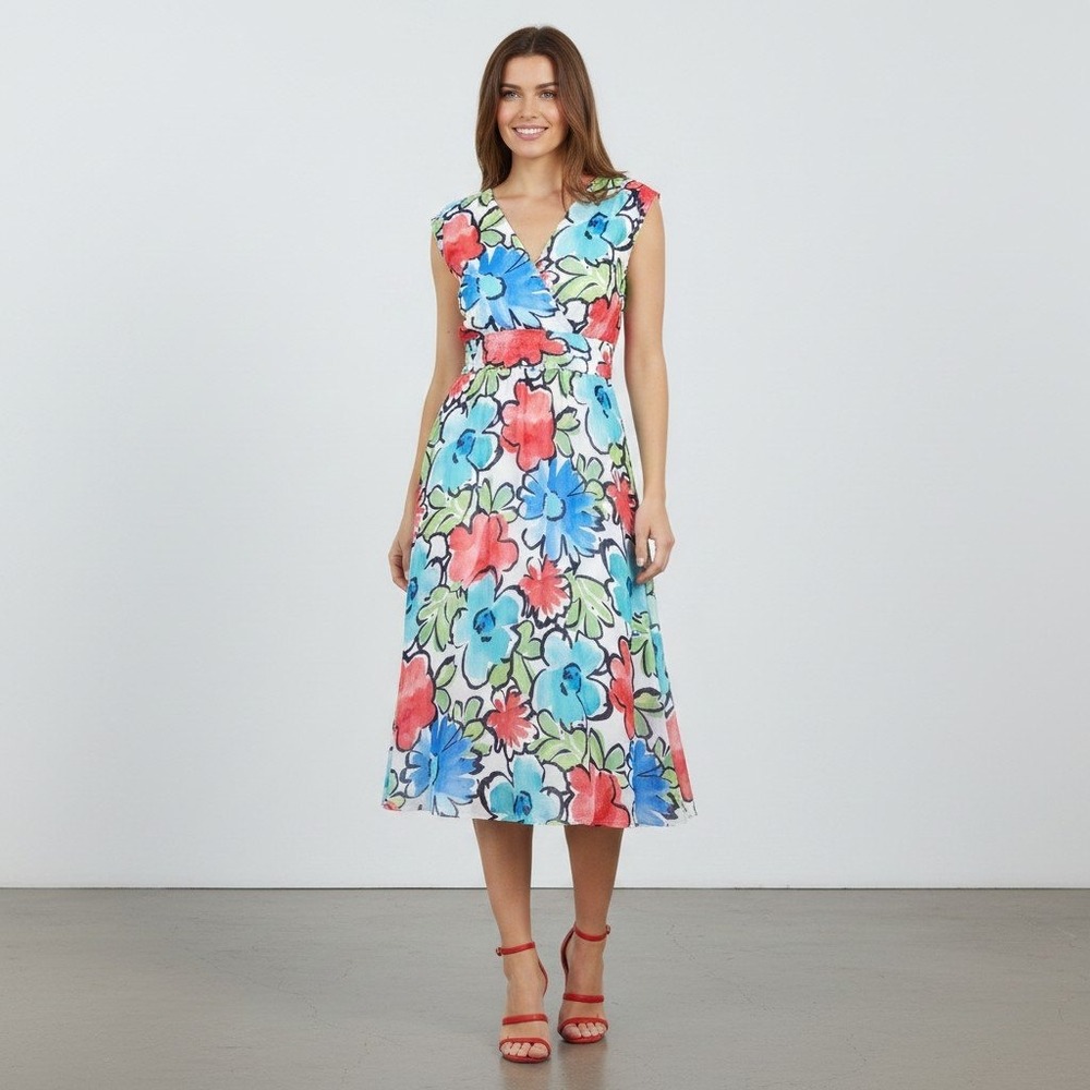 Maggy London Watercolor Floral V-Neck Midi Dress Women 8 Multi Color Boho Summer